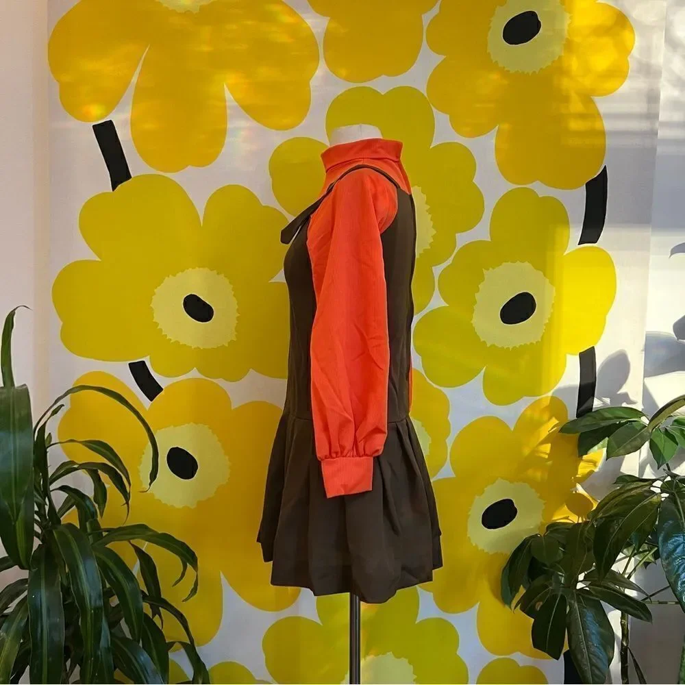 Vintage 1960s Unique Mock Neck Pinafore Twofer Pleated Balloon Gogo Dress